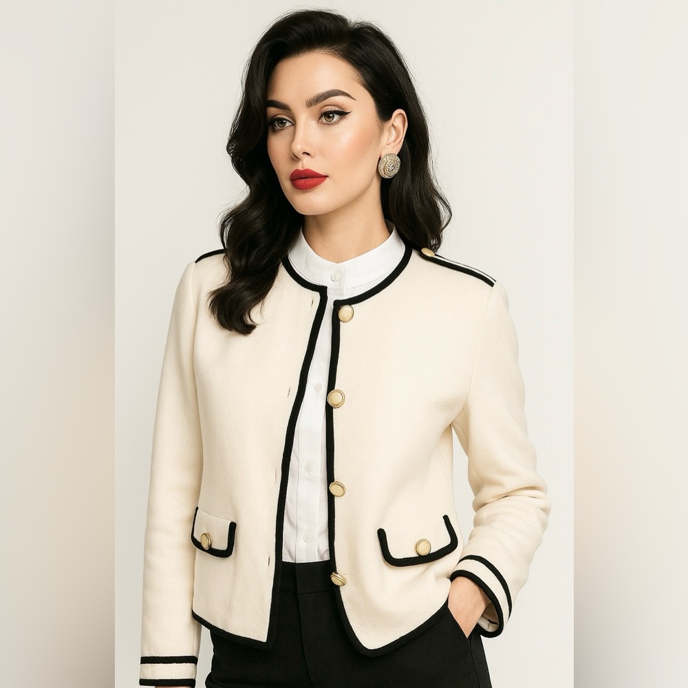 GOELIA 🐑 Wool Cream Women's Cardigan with Black Trim sz M/L